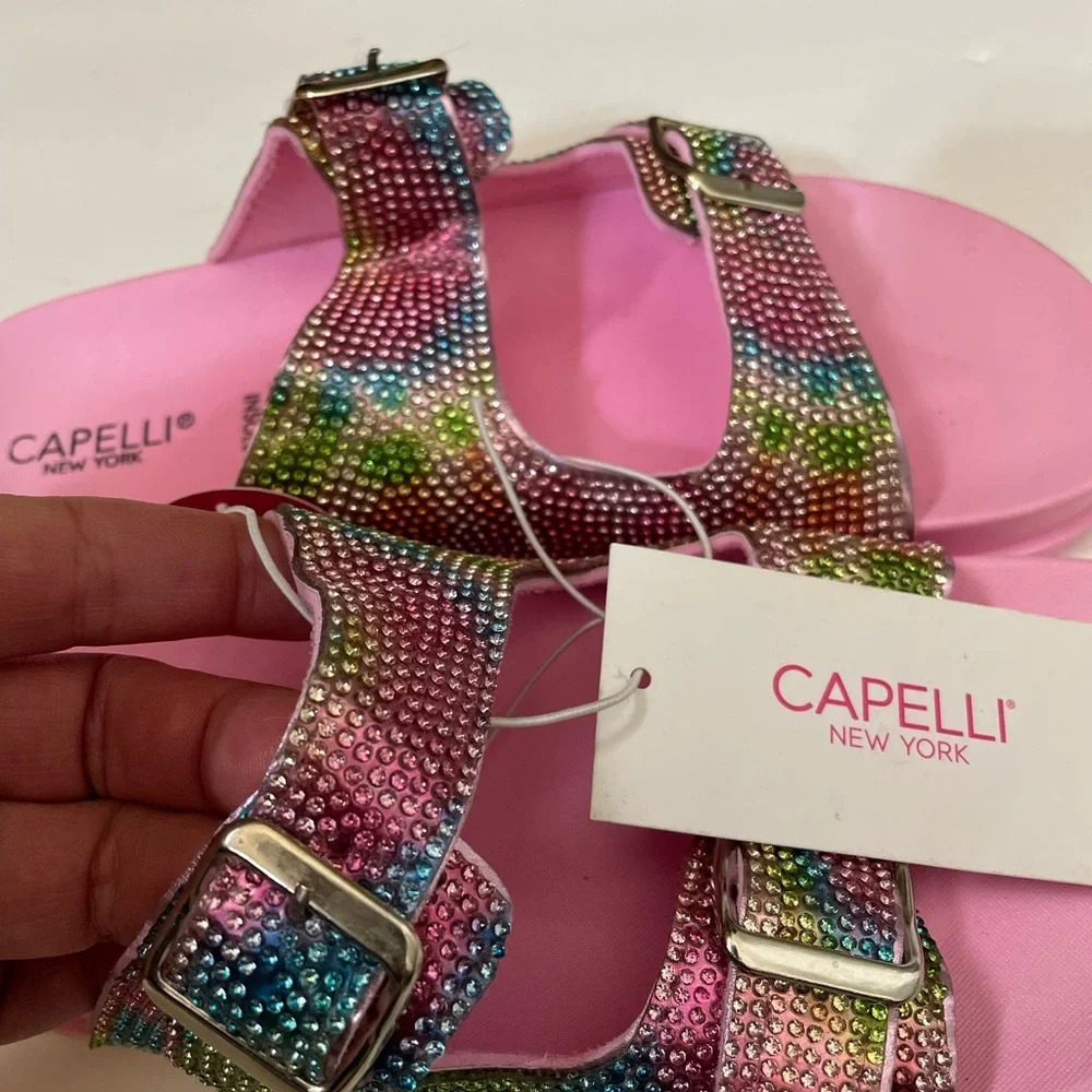 Girls Pink Shimmer Double Strap Slip-On Sandal - Picture 3 of 12